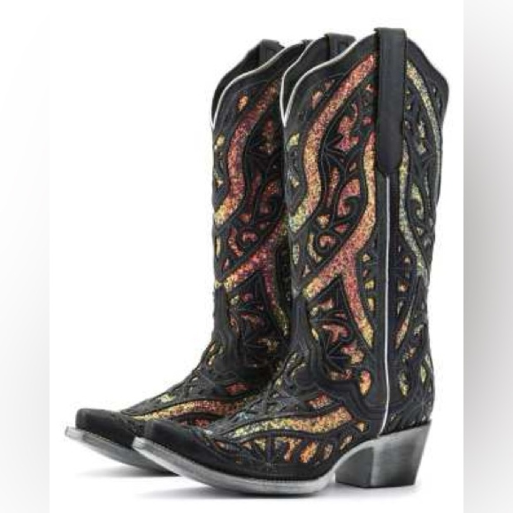 JB Dillon Black Glitter Inlay Sparkle Cowboy Boots Size 7.5 RARE Wedding Cowgirl - Picture 14 of 14